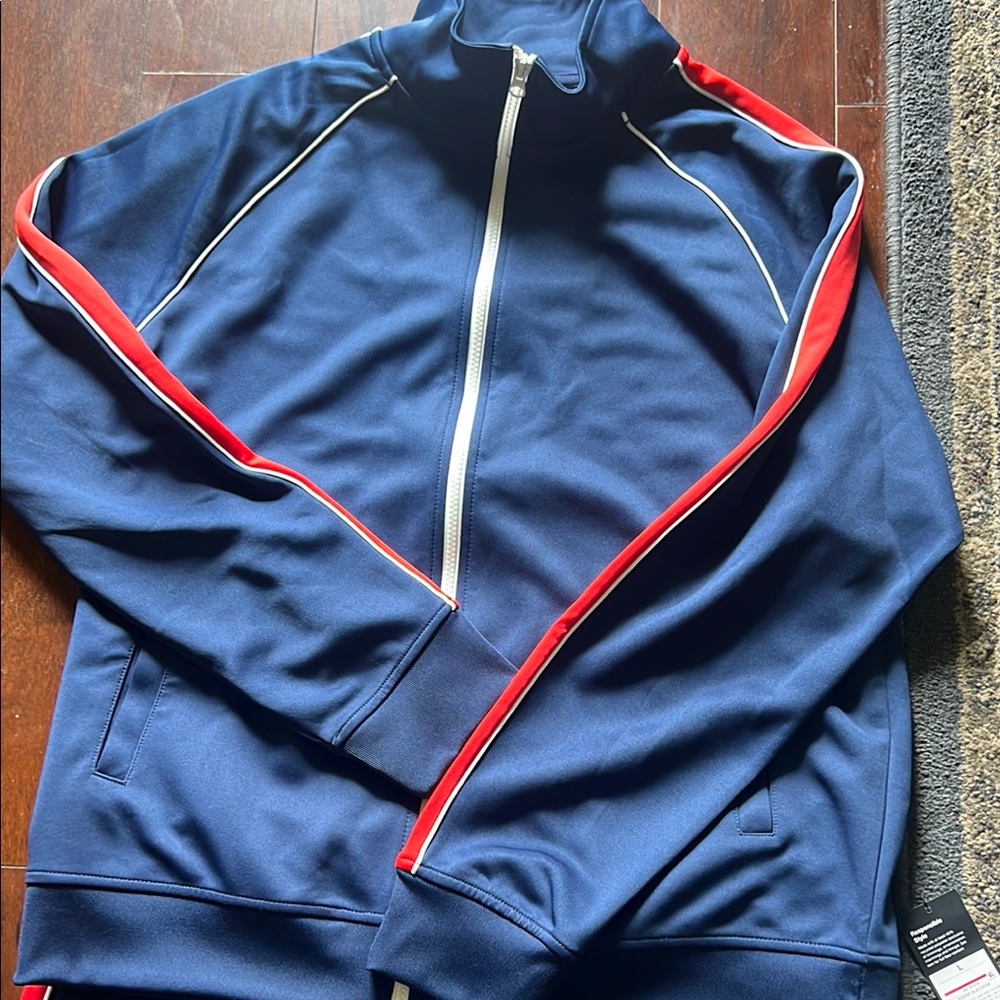 Navy Track Jacket with Red Stripes